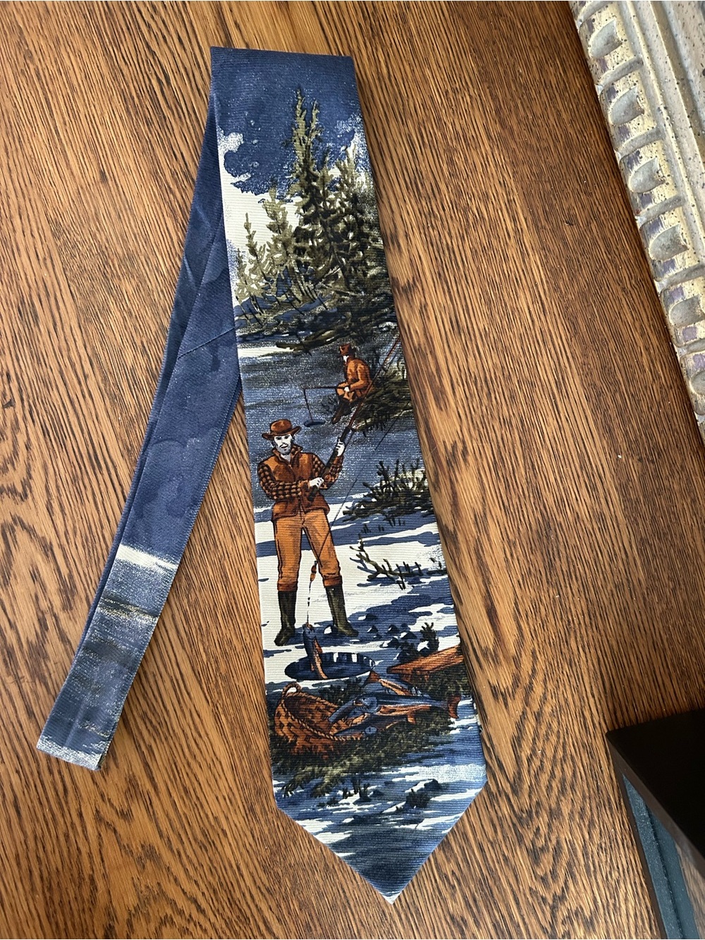 Nautica Blue and Brown Fisherman Scene Silk Tie
